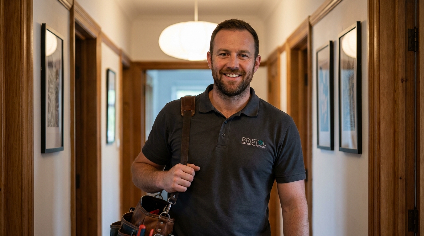 Ryan, the electrician behind Hemming Electrical, smiling in a hallway with his tool bag